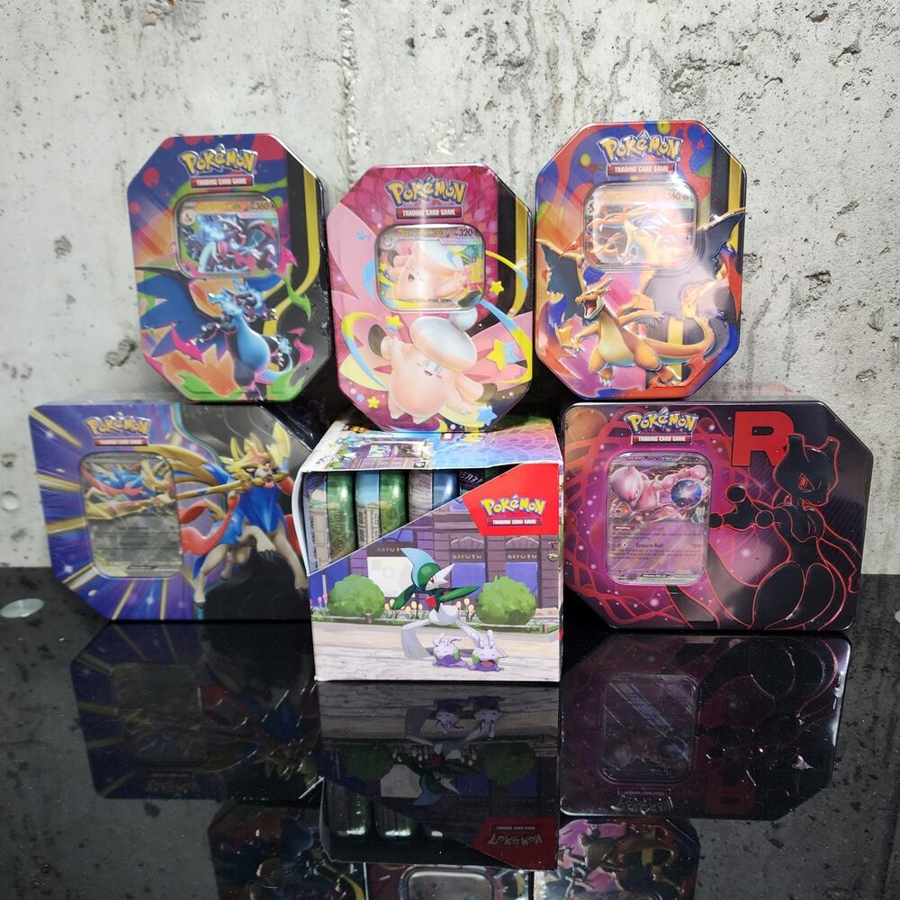 Pokemon TCG Sealed Tin & Mini Tin Lot Charizard Mewtwo Zacian Clefable Display